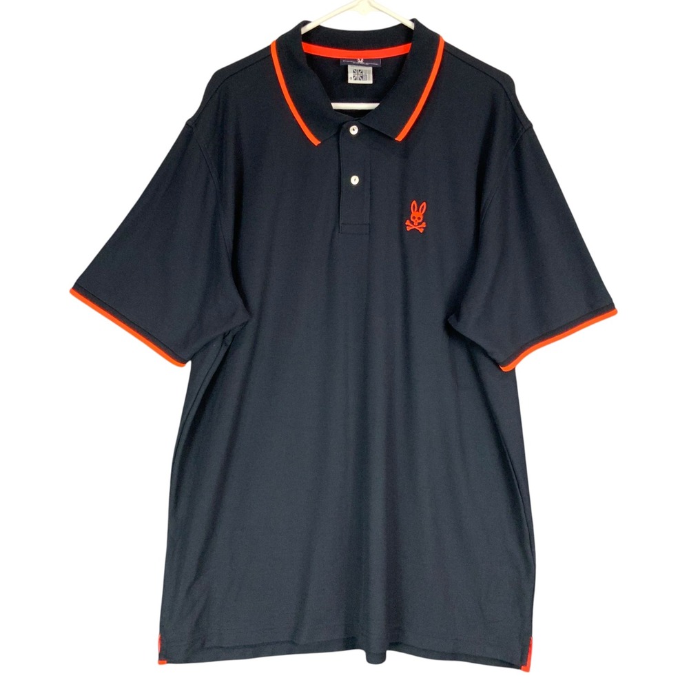 Psycho Bunny Pima Cotton Polo Shirt Navy Neon Orange Trim Logo Size 9 3XL